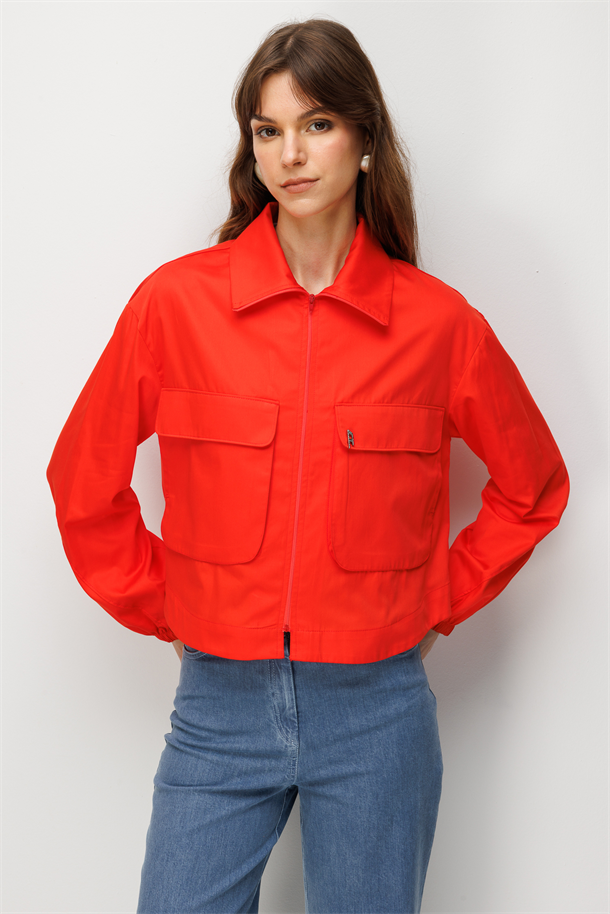 Cep Detay Fermuarlı Gömlek-MERCAN