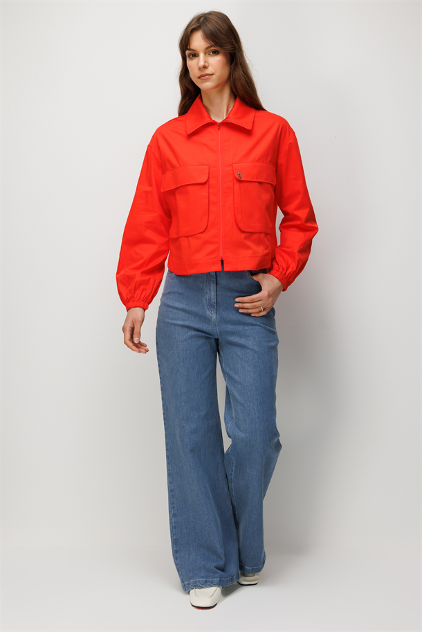 Cep Detay Fermuarlı Gömlek-MERCAN