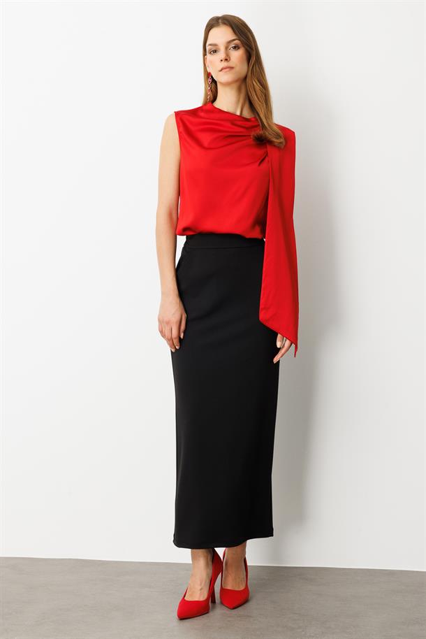 Cep Detay Lastikli Krep Etek-SİYAH