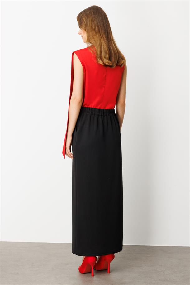 Cep Detay Lastikli Krep Etek-SİYAH