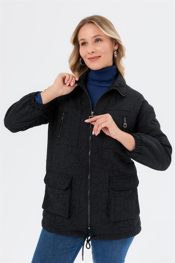 Cep Detaylı Büyük Beden Kapitone Ceket-SİYAH