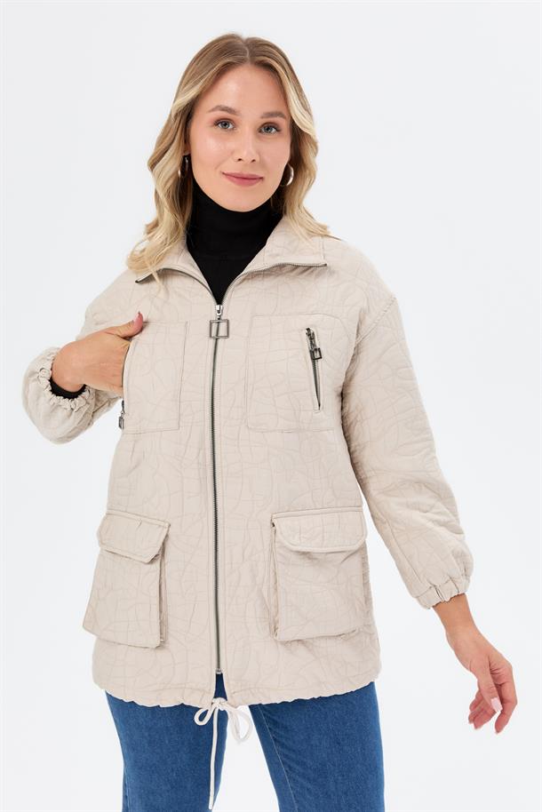 Cep Detaylı Büyük Beden Kapitone Ceket-TAŞ