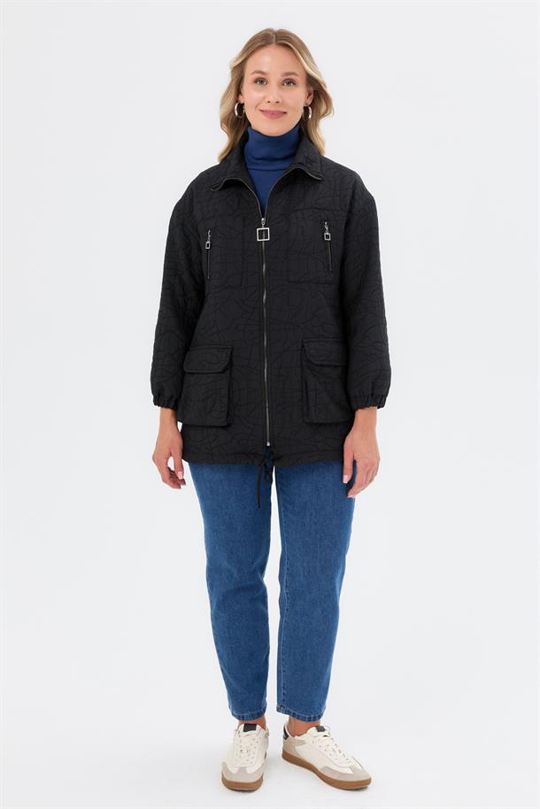 Cep Detaylı Büyük Beden Kapitone Ceket-SİYAH