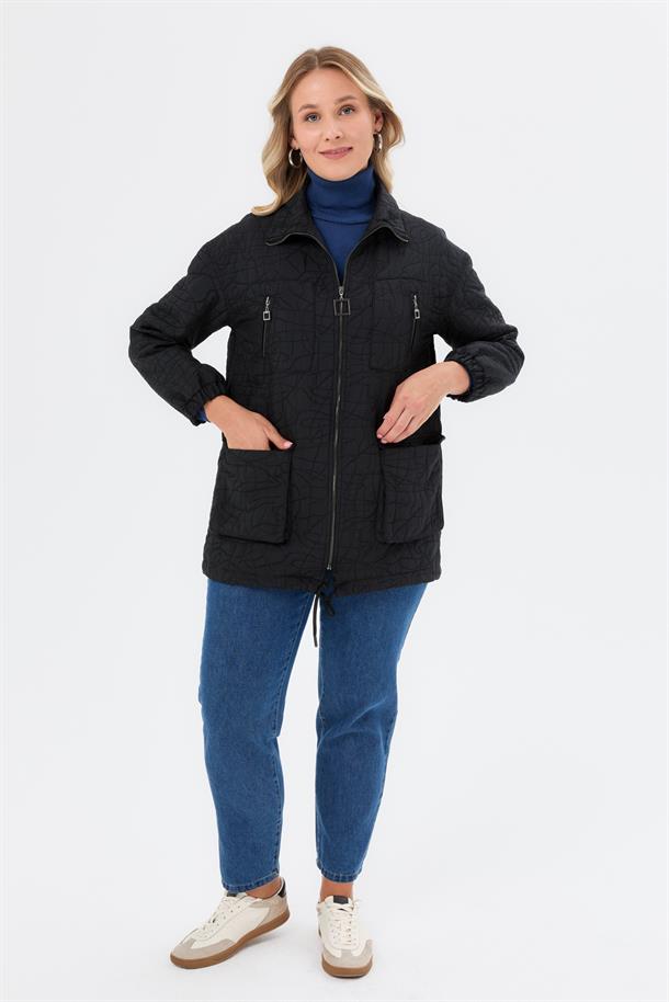 Cep Detaylı Büyük Beden Kapitone Ceket-SİYAH