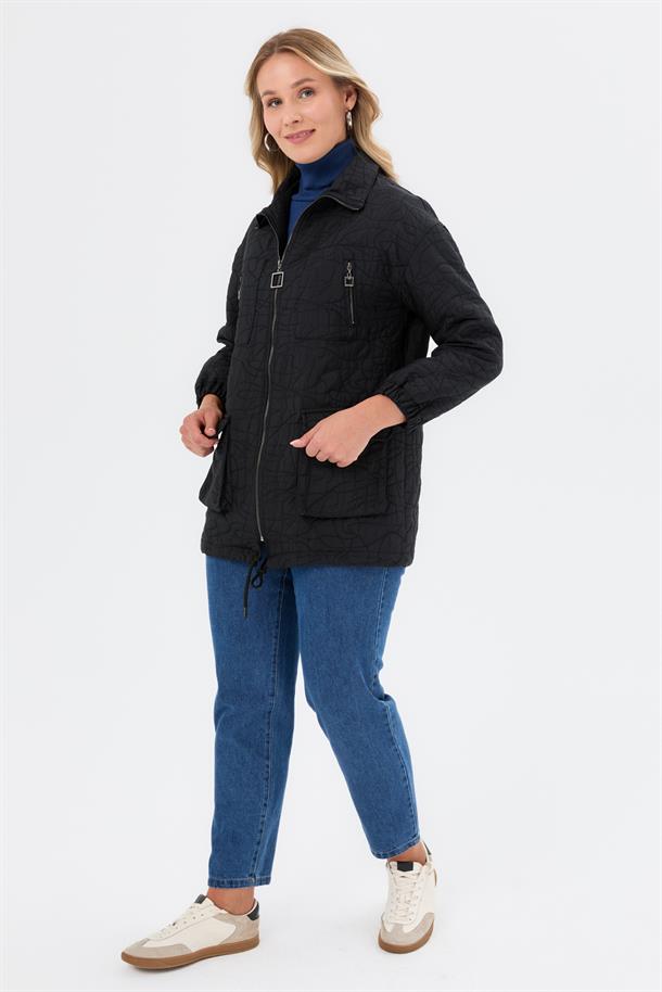 Cep Detaylı Büyük Beden Kapitone Ceket-SİYAH