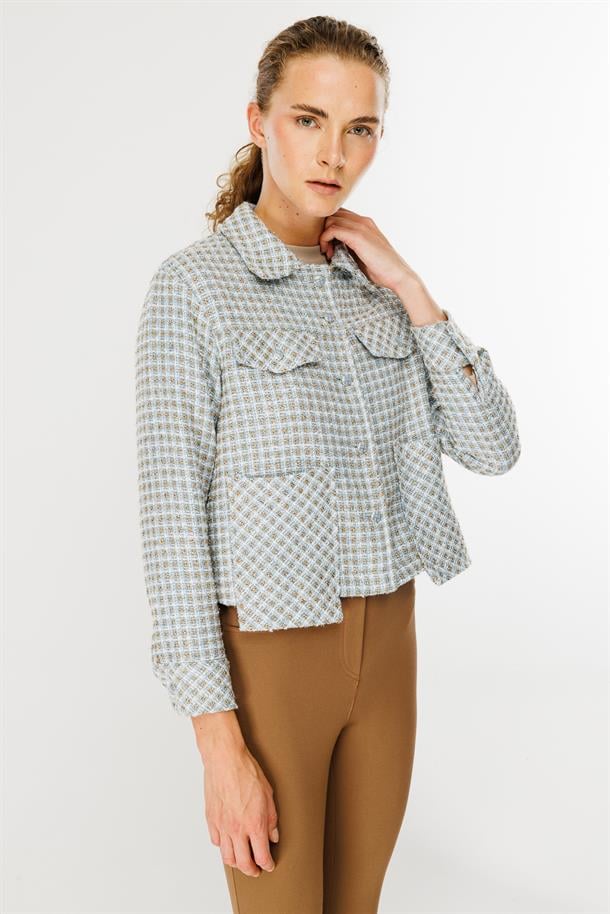 Cep Detaylı Şanel  Kumaş Gömlek-MAVİ