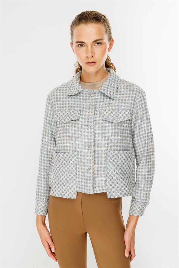 Cep Detaylı Şanel  Kumaş Gömlek-MAVİ