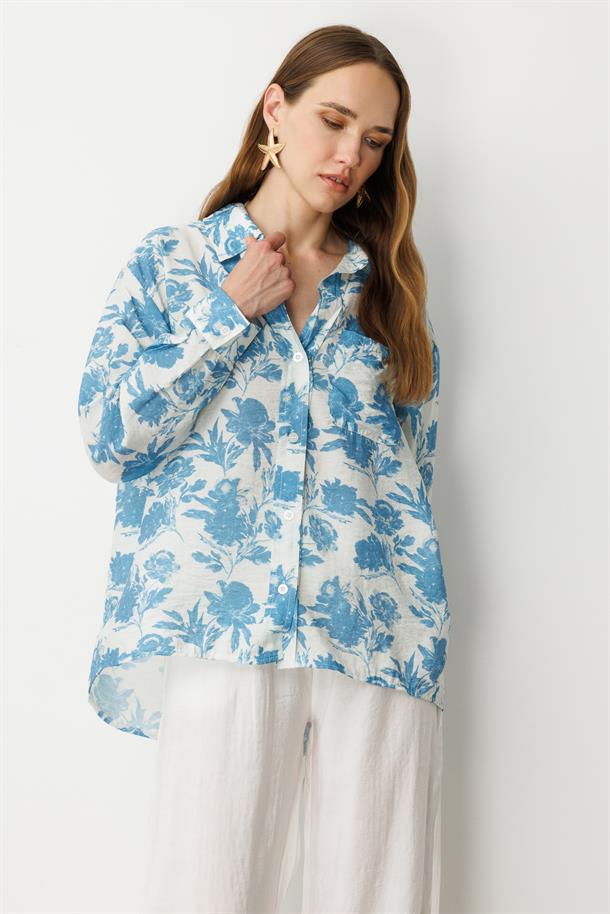 Cep Detaylı Çiçek Baskılı Gömlek-MAVİ