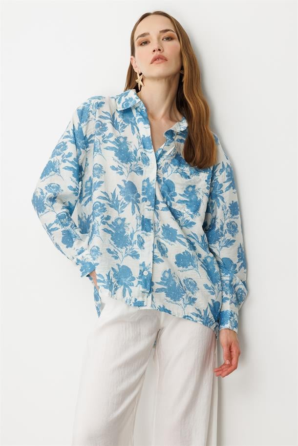 Cep Detaylı Çiçek Baskılı Gömlek-MAVİ