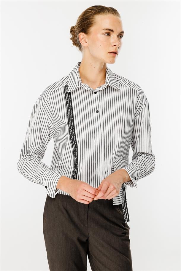 Cep Detaylı Çizgili Gömlek-BEYAZ/SİYAH
