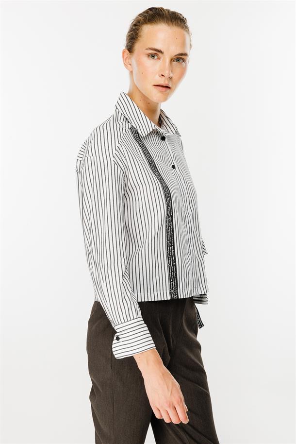 Cep Detaylı Çizgili Gömlek-BEYAZ/SİYAH