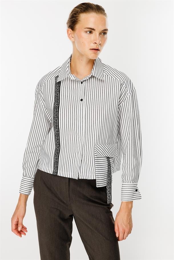Cep Detaylı Çizgili Gömlek-BEYAZ/SİYAH
