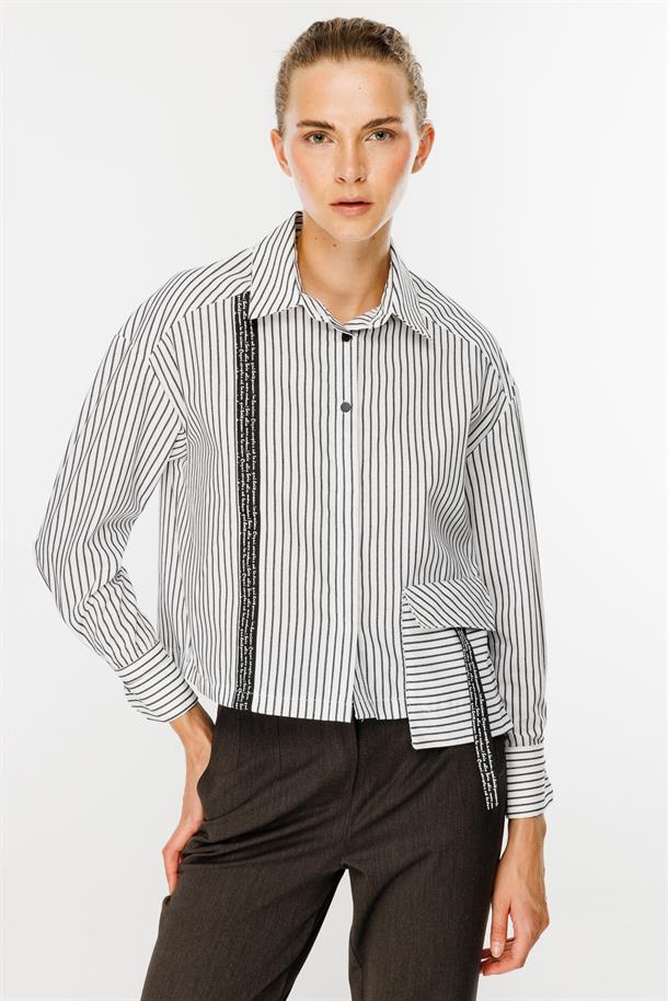 Cep Detaylı Çizgili Gömlek-BEYAZ/SİYAH