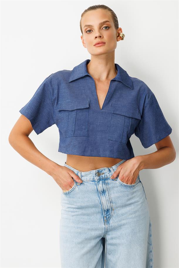 Cep Detaylı Crop Gömlek-İNDİGO