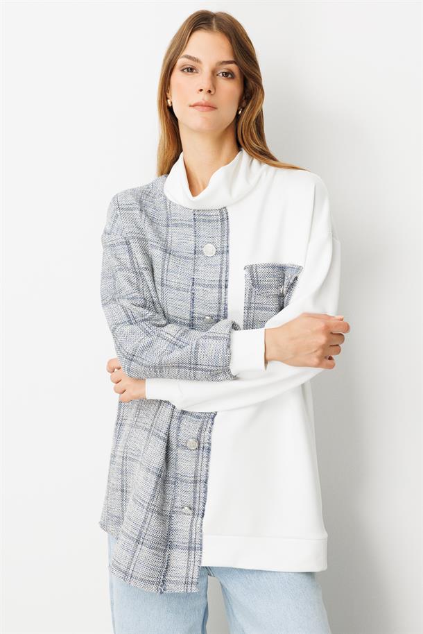 Cep Detaylı Dokulu Ekose Gömlek-MAVİ