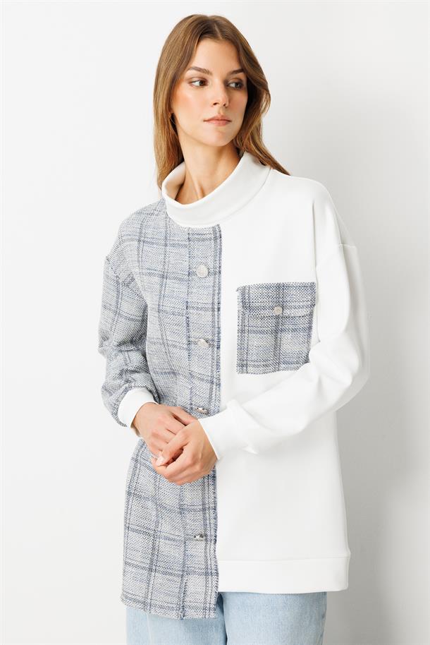 Cep Detaylı Dokulu Ekose Gömlek-MAVİ