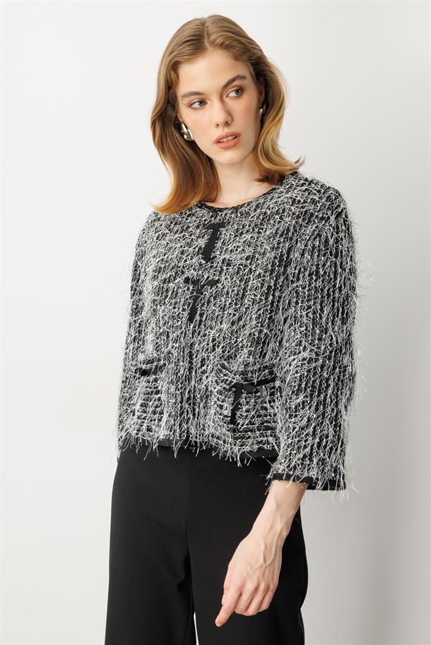 Cep Detaylı Dokuma Bluz-SİYAH/BEYAZ