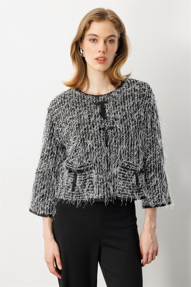 Cep Detaylı Dokuma Bluz-SİYAH/BEYAZ