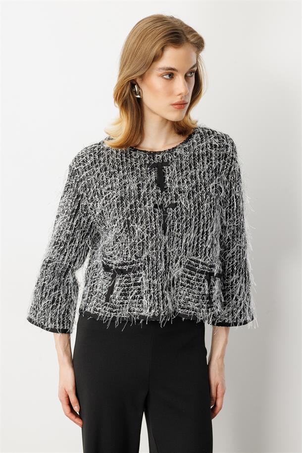 Cep Detaylı Dokuma Bluz-SİYAH/BEYAZ