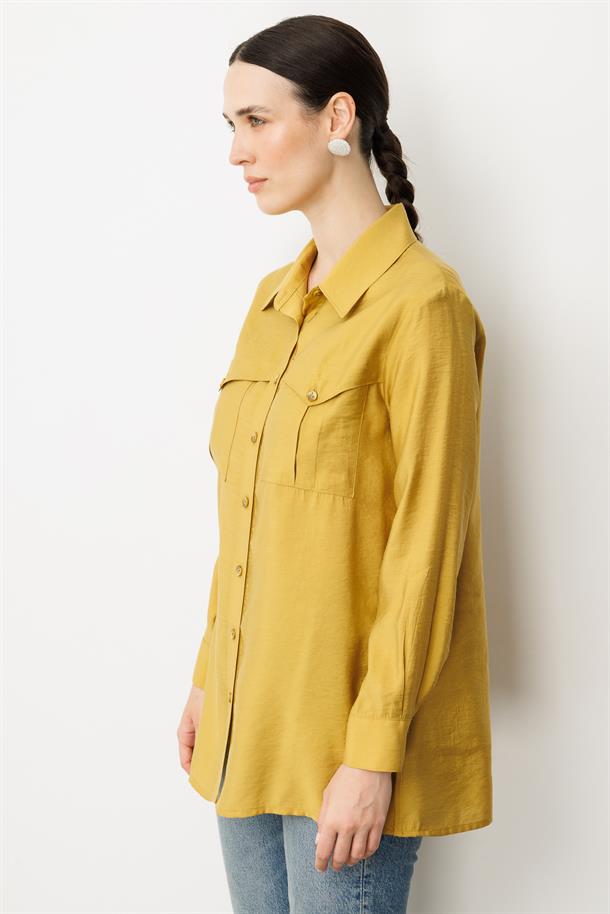 Cep Detaylı Cupra Gömlek-SAFRAN