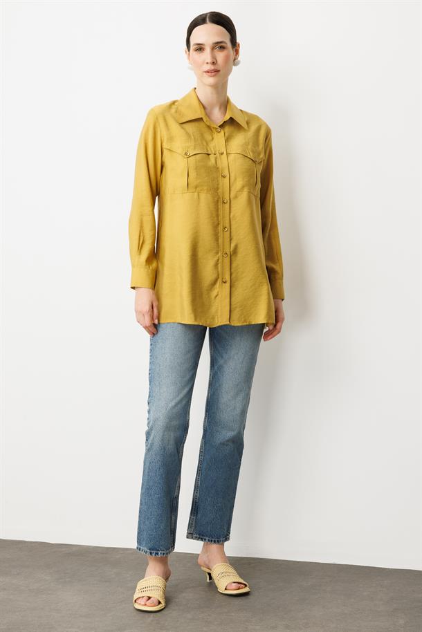 Cep Detaylı Cupra Gömlek-SAFRAN