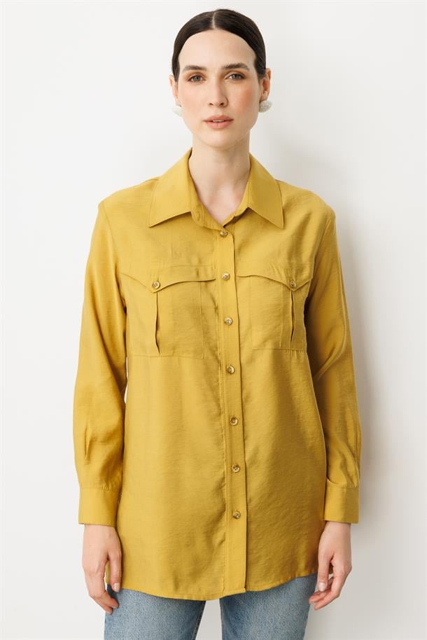 Cep Detaylı Cupra Gömlek-SAFRAN