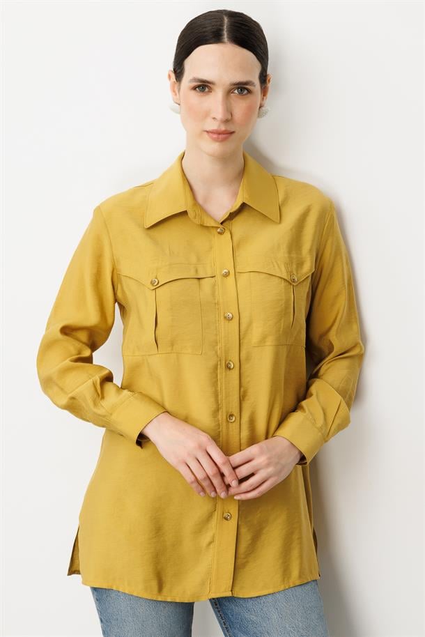 Cep Detaylı Cupra Gömlek-SAFRAN