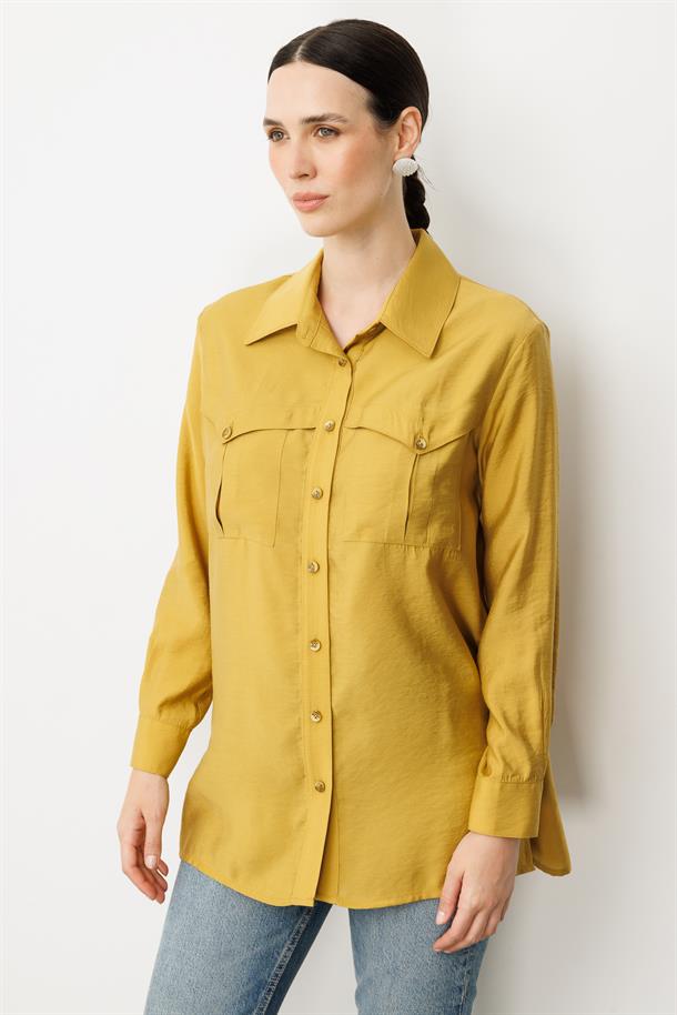 Cep Detaylı Cupra Gömlek-SAFRAN