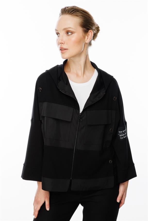 Cep Detaylı Kapüşonlu Crop Sweatshirt-SİYAH