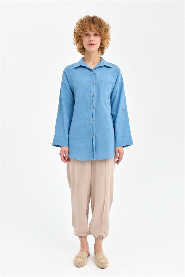 Cep Detaylı Keten Gömlek-A.MAVI