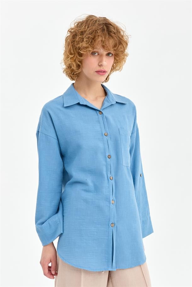 Cep Detaylı Keten Gömlek-A.MAVI