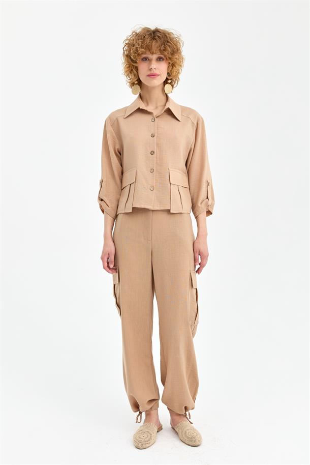 Cep Detaylı Keten Gömlek-CAMEL