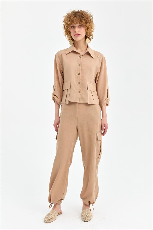 Cep Detaylı Keten Gömlek-CAMEL