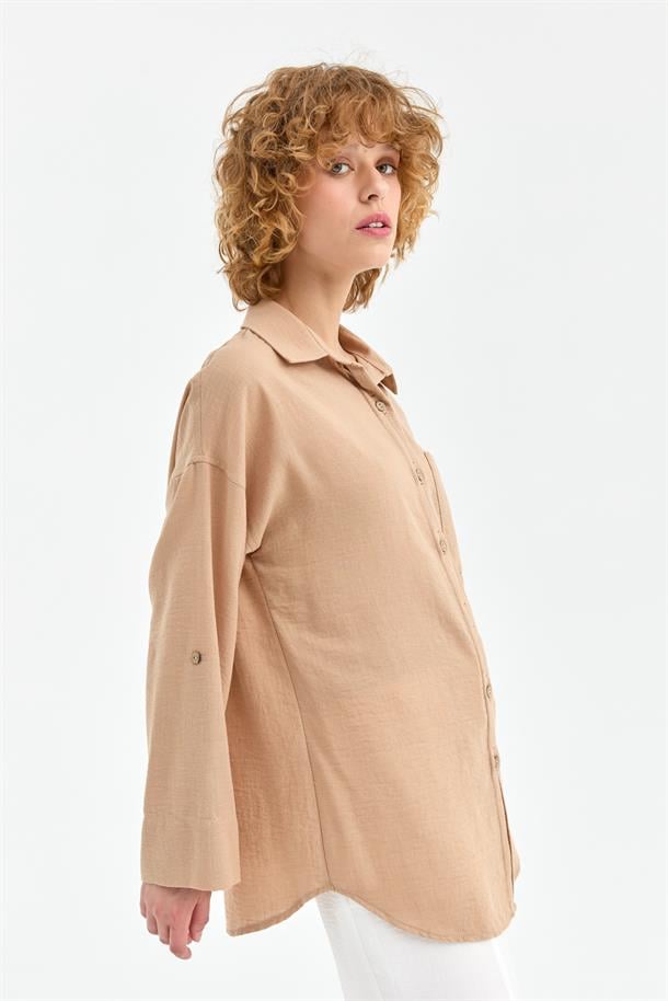 Cep Detaylı Keten Gömlek-CAMEL