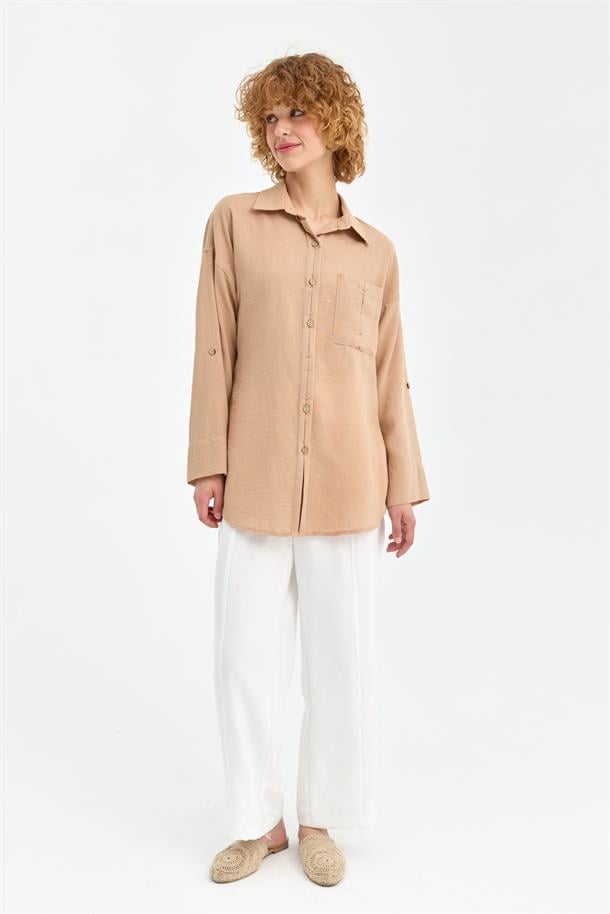 Cep Detaylı Keten Gömlek-CAMEL