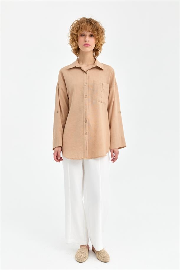 Cep Detaylı Keten Gömlek-CAMEL