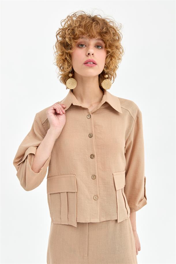 Cep Detaylı Keten Gömlek-CAMEL