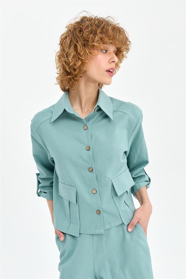 Cep Detaylı Keten Gömlek-MINT
