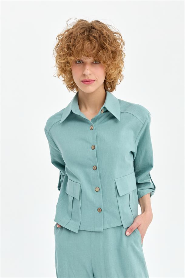 Cep Detaylı Keten Gömlek-MINT