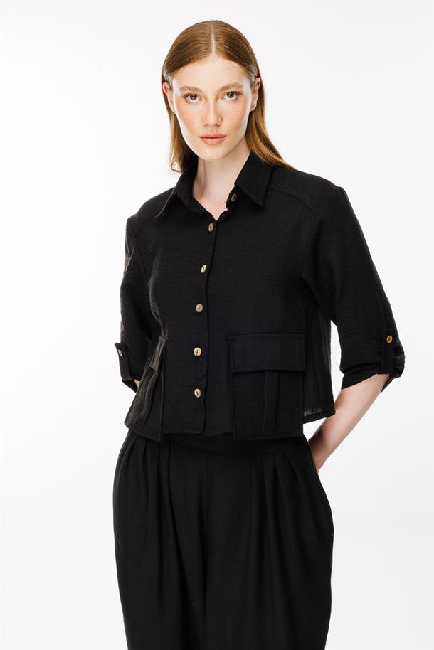 Cep Detaylı Keten Gömlek-SİYAH