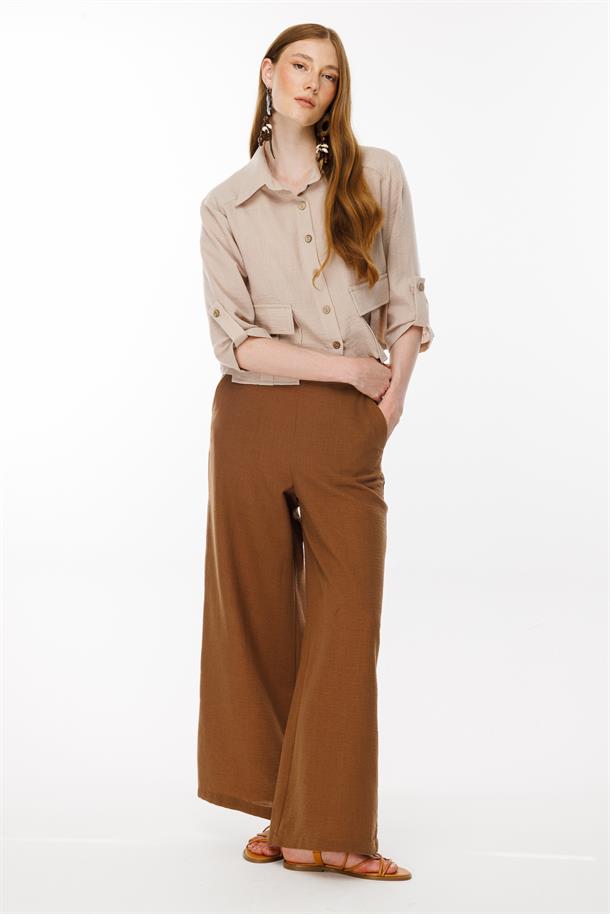 Cep Detaylı Keten Gömlek-TAŞ