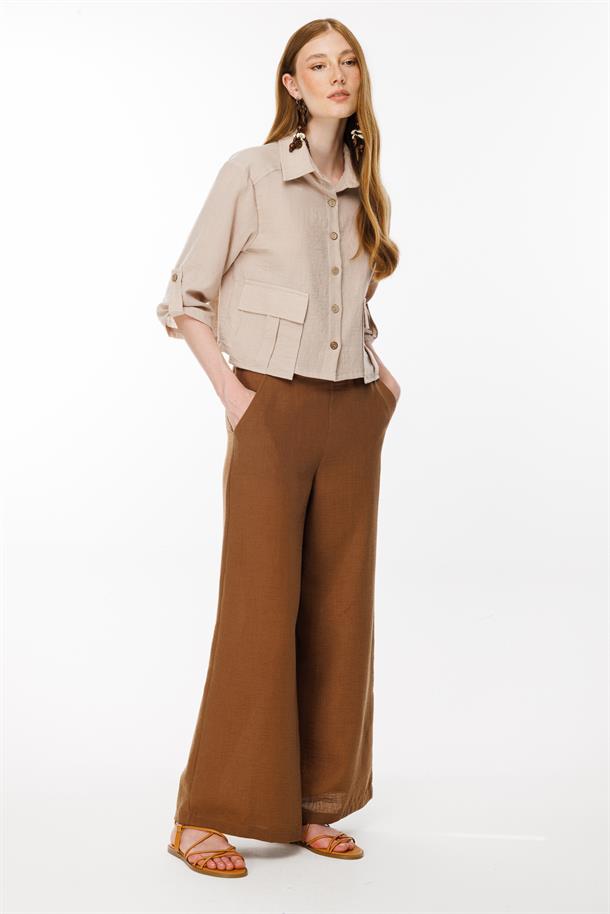 Cep Detaylı Keten Gömlek-TAŞ