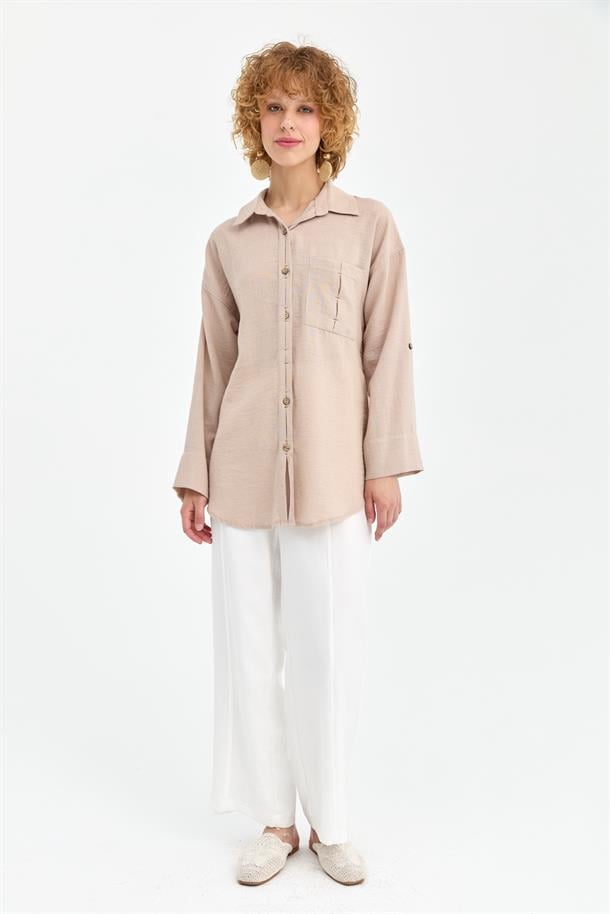 Cep Detaylı Keten Gömlek-TAŞ