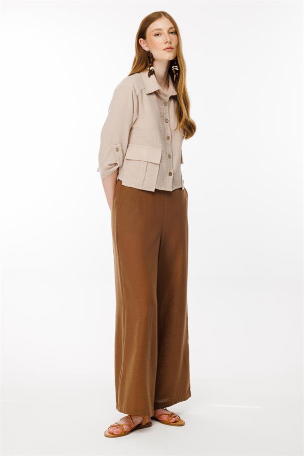 Cep Detaylı Keten Gömlek-TAŞ