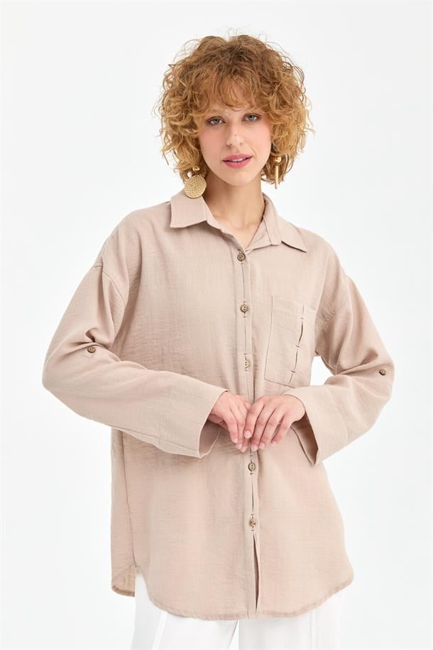 Cep Detaylı Keten Gömlek-TAŞ
