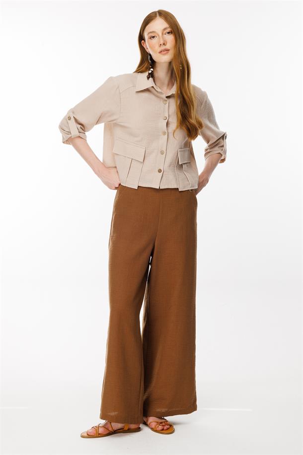 Cep Detaylı Keten Gömlek-TAŞ