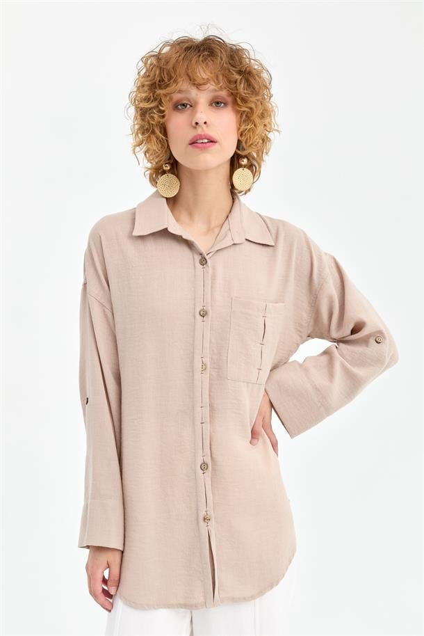 Cep Detaylı Keten Gömlek-TAŞ