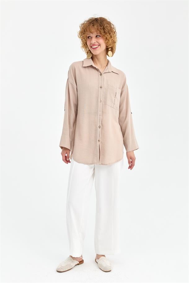 Cep Detaylı Keten Gömlek-TAŞ