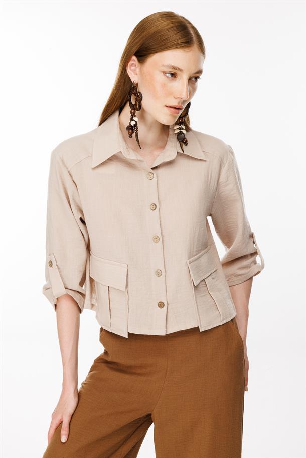 Cep Detaylı Keten Gömlek-TAŞ