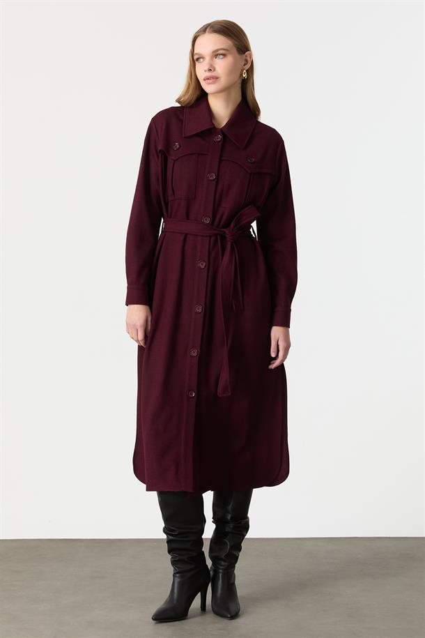 Cep Detaylı Kuşaklı Keçe Kaban-MÜRDÜM